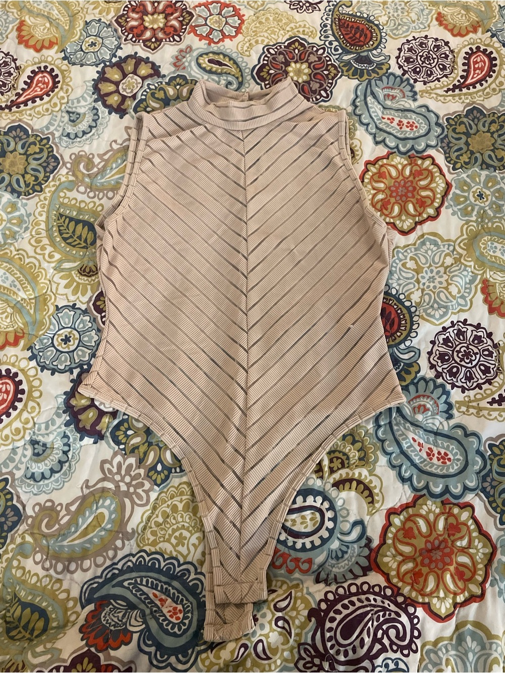 Striped Ribbed Mock Neck Keyhole Bodysuit Size 10